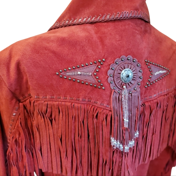 Scully NWT Red Long Leather Suade Jacket With Fringe & Silver Embellishments XXL - Picture 3 of 12